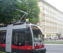 The municipality decorates all trams with rainbow flags during the four weeks of the Life Ball and the Vienna Pride parade. ViennaRainbowFlagTram.jpg