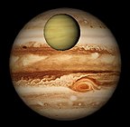 Компьютерная симуляция видимого с Земли прохождения Венеры перед Юпитером, случившегося во время их соединения 3 января 1818 года.