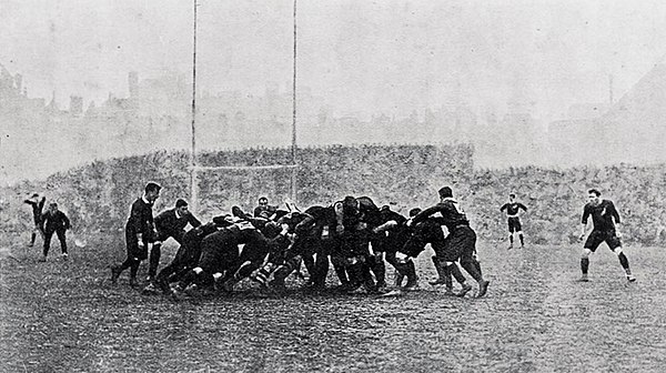 A scrum in the Wales victory over New Zealand's Original All Blacks in 1905