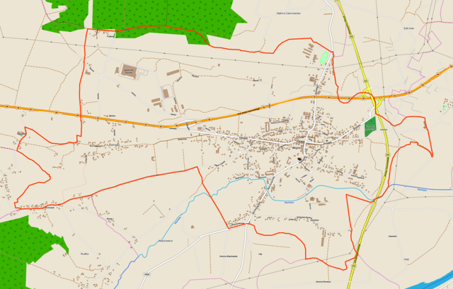 Mapa konturowa Wojnicza, blisko centrum na prawo znajduje się punkt z opisem „Wojnicz, kościół św. Wawrzyńca”