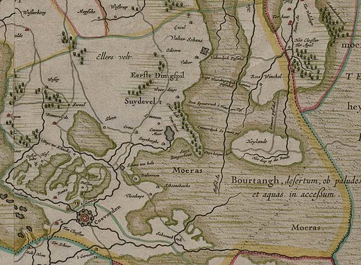 Het Eerste dingspel Suydevelt op de kaart van Drenthe door Cornelis Pijnacker (1634)