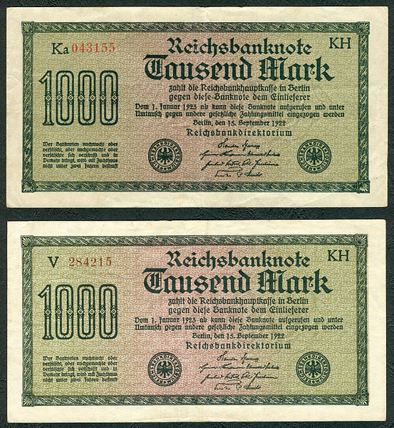File:1000 Mark Reichsbanknote 1922 2 Versionen gedruckt von J. C. König & Ebhardt KH Hannover Seite I 200 dpi.jpg