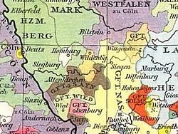 Графство Зайн (кафяво) с Витгенщайн (светло кафяво, дясно) и Господство Хомбург (бяло) през 1450 г.