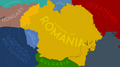 Spațiul Carpato-Danubiano-Pontic pe 1 Mai 1919 AD, după ce Armata Română ajunge la Râul Tisa în timpul Războiului Româno-Ungar. Pretențiile teritoriale Românești sunt conturate in galben.