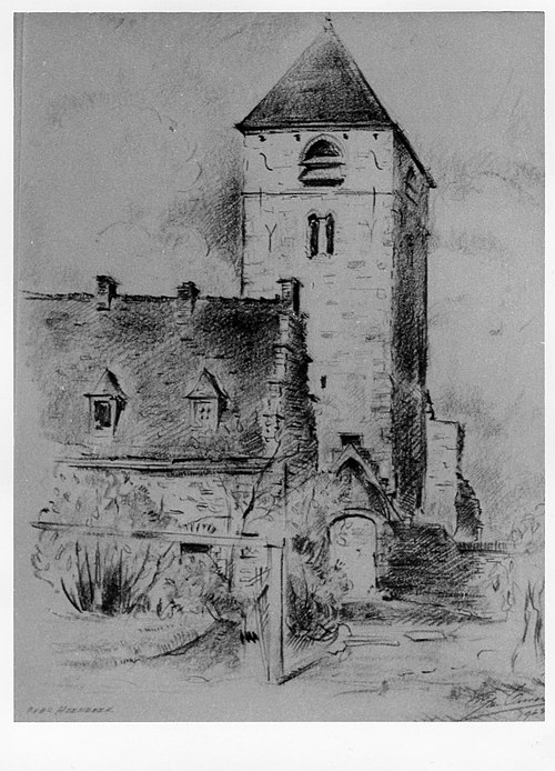 The Romanesque tower of the old church in Neder-Over-Heembeek and house where van Helmont performed an alchemical transmutation. Drawing by Leon Van D