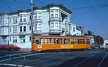 Milan 1834, a Peter Witt-type streetcar, turning from 17th Street into the 1986-built wye on Noe Street