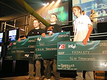 Painkiller top-placed finishers at the 2005 CPL World Tour UK. From left to right: ZyZ, Vo0, and Fatal1ty. 2005 CPL World Tour - UK 36.jpg