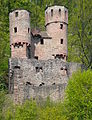 Blick von einem Boot der Rhein-Neckar-Fahrgastschifffahrt auf Burg Schadeck (sog. "Schwalbennest") in Neckarsteinach