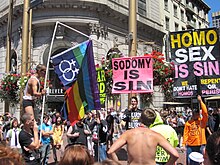 Religious protest against homosexuality in San Francisco 2010 Pride parade in San Francisco with counter-protestors.jpg