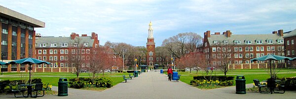 View from the West Quad looking onto the East Quad (from left to right, James Hall, Boylan Hall, the library, Ingersoll Hall, and Roosevelt Hall)