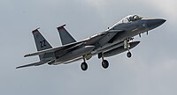 A US Air Force F-15C Eagle, tail number 81-0032, on final approach at Kadena Air Base in Okinawa, Japan.