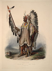 "Mato-Tope, a Mandan chief": aquatint by Karl Bodmer from the book "Maximilian, Prince of Wied's Travels in the Interior of North America, during the years 1832-1834" A Mandan chief 0046v.jpg