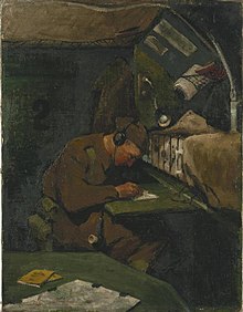 A wireless-operator in an Armoured Command Vehicle, painting by Thomas Freeth, 1942. A Wireless-operator in an Armoured Command Vehicle Art.IWMARTLD2645.jpg