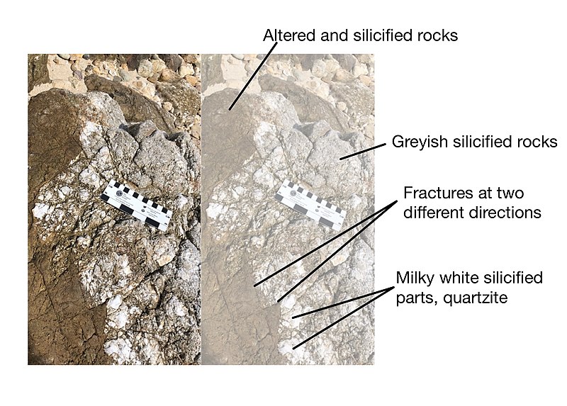 File:A silicified hydrothermal breccia in Kat O, Northeastern Hong Kong. The greyish white parts has undergone silicification.jpg