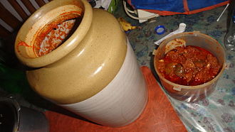 Aavakaaya and its container Aavakaaya...Mango pickle and its container.JPG