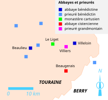 Mappa a colori che mostra la posizione delle abbazie utilizzando una serie di punti colorati.