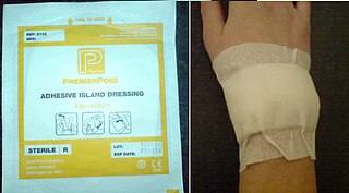 A dressing is a sterile pad or compress applied to a wound to promote healing and protect the wound from further harm. A dressing is designed to be in direct contact with the wound, as distinguished from a bandage, which is most often used to hold a dressing in place. Many modern dressings are self-adhesive.