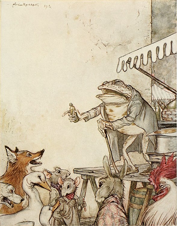 La grenouille harangue la foule mais le renard se moque d'elle, par A. Rackham
