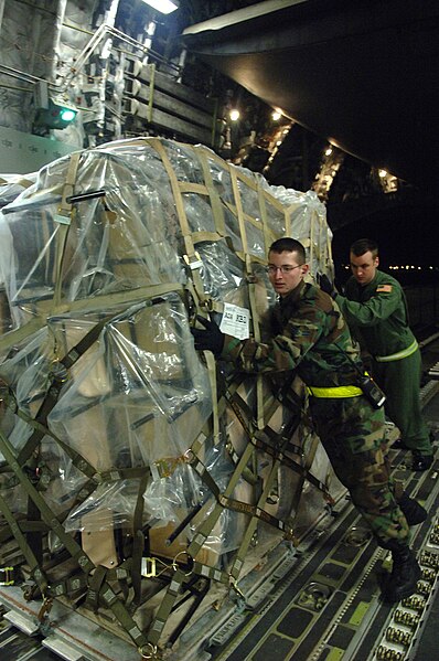 File:Airmen push a pallet of cargo into a C-17 Globemaster III.jpg