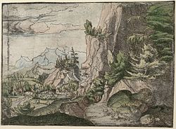 Albrecht Altdorfer - Pejzaĝo kun Shaded Cliff (man-kolora) Albertina DG1926-1781.jpg