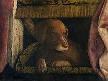 Detail of a fresco by Andrea Mantegna in the Camera degli Sposi of the Palazzo Ducale of Mantua, circa 1470 Andrea mantegna, camera degli sposi, 1465-74, parete nord, detta della corte 08 ludovico gonzaga e servitore, particolare del cane.jpg