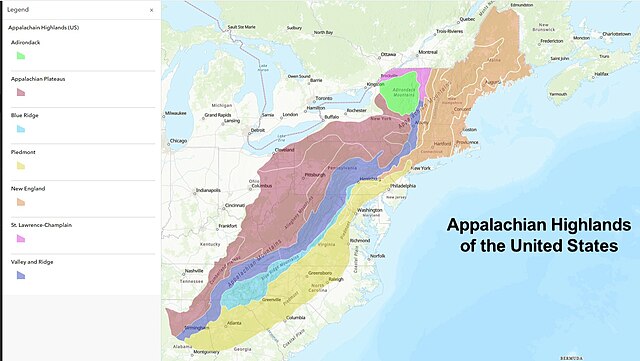 Appalachian Highlands of the United States as classified by Physiographic regions of the United States