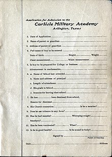 Application for Admission form from Carlisle Military Academy, circa 1904-1905 Application for Admission form, back cover of Carlisle Military Academy Annual Announcement (10013169).jpg