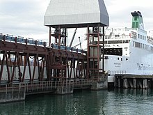 Rail vehicles being loaded at the Wellington terminal Arahura at Wellington.jpg