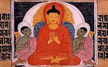 Ilustración manuscrita en color de Buda enseñando las Cuatro Nobles Verdades, Nalanda, Bihar, India