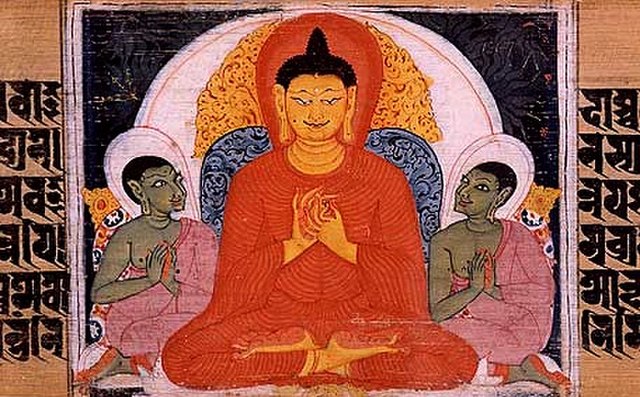 The Buddha teaching the Four Noble Truths. Sanskrit manuscript. Nalanda, Bihar, India