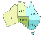 Cameron Corner in the intersection of Australian time zones during daylight-saving Australia-Timezones-Daylight.svg