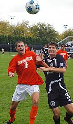 A player wearing a BGSU men's soccer uniform BGSU Men's Soccer (3988884873).jpg