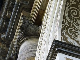 Detail of the facade of the Ball Game Hall in Prague Royal Garden with sgraffito and Ionic column built by Bonifac Wohlmut in 1569 Ball Game Hall Detail.JPG