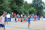 Deutsch: Beachhandball Europameisterschaften 2019 (Beach handball Euro); Tag 3: 4. Juli 2019 – Männer, Platzierungsrunde Gruppe IV, Rumänien-Portugal 2:0 (15:14, 25:24) English: Beach handball Euro; Day 3: 4 July 2019 – Men Consolation Round Group IV – Romania-Portugal 2:0 (15:14, 25:24)