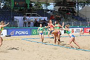 Deutsch: Beachhandball Europameisterschaften 2019 (Beach handball Euro); Tag 2: 3. Juli 2019 – Frauen, Vorrunde Gruppe D, Ukraine-Deutschland 2:0 (23:22, 32:24) English: Beach handball Euro; Day 2: 3 July 2019 – Women Preliminary Round Group D – Ukraine-Germany 2:0 (23:22, 32:24)