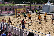 Deutsch: Beachhandball bei den Olympischen Jugendspielen 2018; Tag 4, 10. Oktober 2018; Jungs, Vorrunde, Gruppe B - Portugal-Paraguay 2:0 English: Beach handball at the 2018 Summer Youth Olympics at 10 October 2018 – Boys Preliminary Round Group B – Portugal-Paraguay 2:0