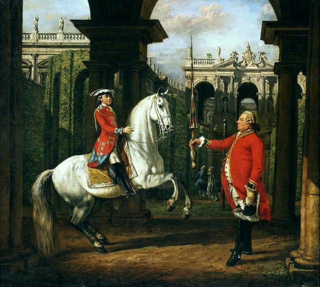 Colonel Königsfels Teaching Prince Poniatowski to Ride by Bernardo Bellotto, 1773