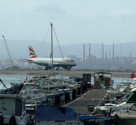 The runway is on one side of the marina Boats, Ocean Village, Gibraltar.jpg