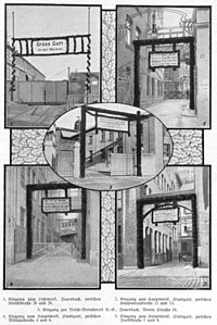 Eingänge der Boschwerke, geschmückt zum Empfang der aus dem Krieg heimgekehrten Firmenangehörigen, 1914.