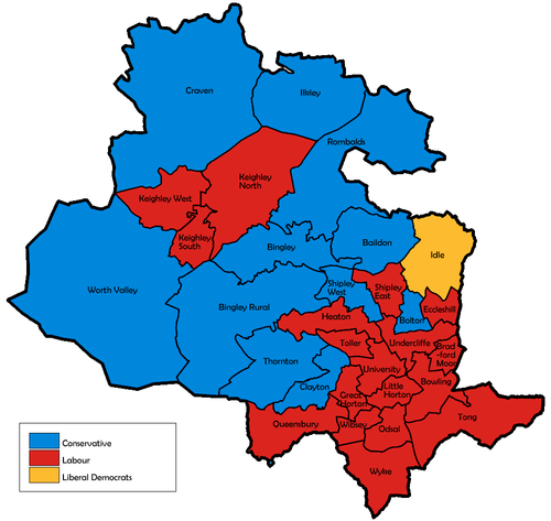 Map of the results for the 1991 Bradford council election. Bradford UK local election 1991 map.png