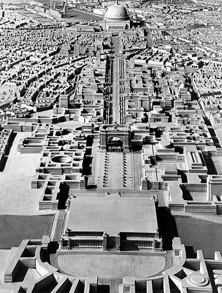 Model of Adolf Hitler's plan for Berlin formulated under the direction of Albert Speer, looking north toward the Great Hall at the top of the frame