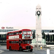 The memorial in 1971, after the rebuilding of the station but before the construction of the office building, with a Routemaster bus for scale Bus and London and North Western Railway War Memorial at Euston station (Geograph-6678664-by-Alan-Murray-Rust) (cropped).jpg