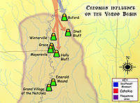 Early Mississippian influence on the Yazoo Basin area Cahokian influence on Plaquemine culture map HRoe 2011.jpg