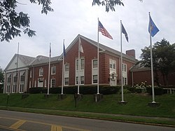 View of the front brick exterior entrance of the museum with six flag poles set slightly up a hill from the 2nd street road surface.