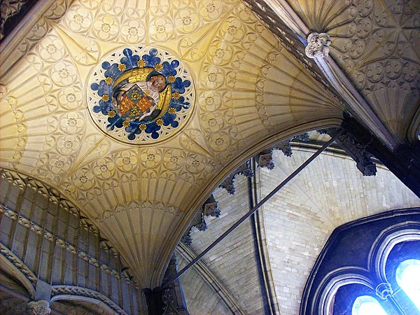 Arms of Cardinal Henry Beaufort on the canopy of Wayneflete's monument in Winchester Cathedral, at which Wayneflete's effigy stares for all eternity