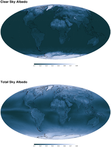 CERES-Aqua 2003-2004 mitjana anual de cel clar i albedo total del cel. L'albedo del cel clar és la fracció de la radiació solar entrant que es reflecteix a l'espai per regions de la Terra els dies sense núvols. L'albedo total del cel inclou els dies ennuvolats