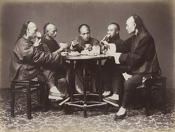 Chinese-American men with queues in Chinatown, San Francisco, 1880s