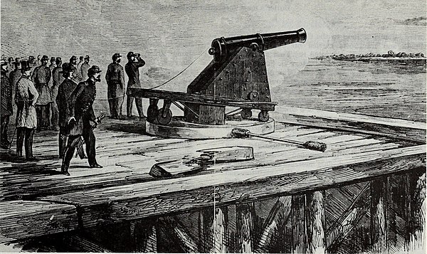 The Sawyer gun being demonstrated by Major General Benjamin Butler for Major General Wool at the Rip Raps (Fort Calhoun), 1861