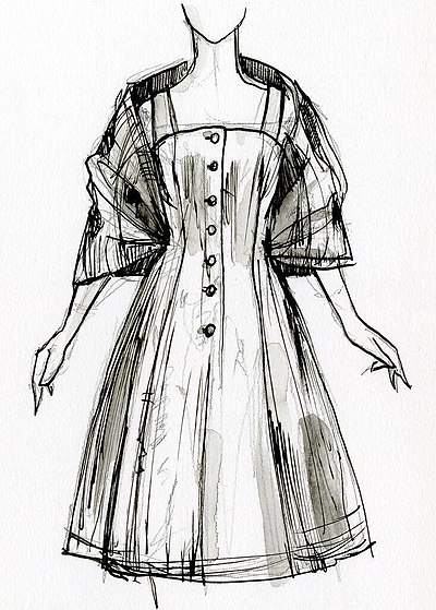 A sketch of a dress being worn, with buttons on the front and elbow length sleeves.