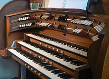 The console of the St. Peter's organ in the west gallery. Note the unusual stop tabs. Consolestpetersorgan.JPG